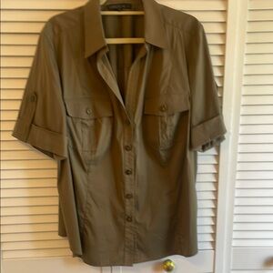 Lafayette 148 New York khaki olive short sleeve stretch blouse Size 20